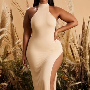 Beige High Neck Maxi Dress with Slit